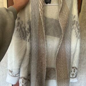 Angie Cream and Taupe Fuzzy Open-Front Cardigan